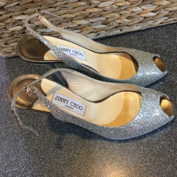 Jimmy Choo Silver “Nova” Peep Toe Heels - Picture 6 of 16